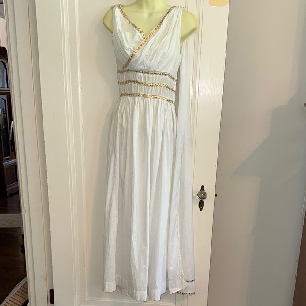 Stunning 60s White Cotton Greek Goddess‎ Party Maxi   Dress with Gold Trim